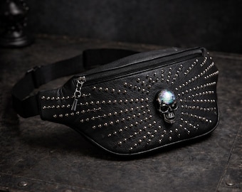 Studded Skull Crossbody Bag, PU Leather Gothic Waist Bag with Adjustable Strap