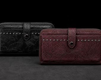 Tooled Faux Leather Wristlet Wallet, Western Boho Studded Purse, Phone Holder Bag