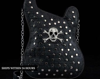 Gothic Skull Guitar Handbag: Studded Faux Leather Statement Purse for Alt Fashion
