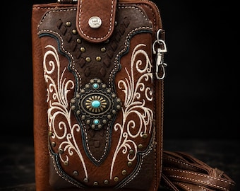Brown Faux Leather Western Phone Wallet Crossbody, Embroidered Cowgirl Purse, Rodeo Accessory