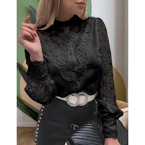 Lace Blouse Women – V Neck Long Sleeve Shirt – Elegant Spring Top – Hollow Out Button Down – Casual Office Fashion - Gift for Her