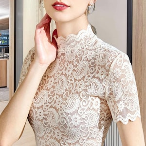 Women&#39;s Lace Mesh Top – Short Sleeve Summer Blouse– Sheer High Neck Turtleneck– Elegant Lightweight Shirt – Chic Feminine Style-Gift for Her