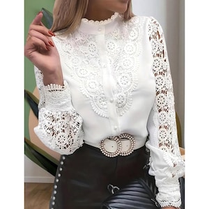 Lace Blouse Women – V Neck Long Sleeve Shirt – Elegant Spring Top – Hollow Out Button Down – Casual Office Fashion - Gift for Her