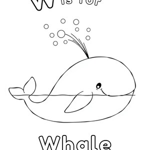 Puede incluir: Ilustraci&oacute;n en blanco y negro de la letra W y la palabra "Ballena". Se muestra una ballena de dibujos animados soplando burbujas en el agua.