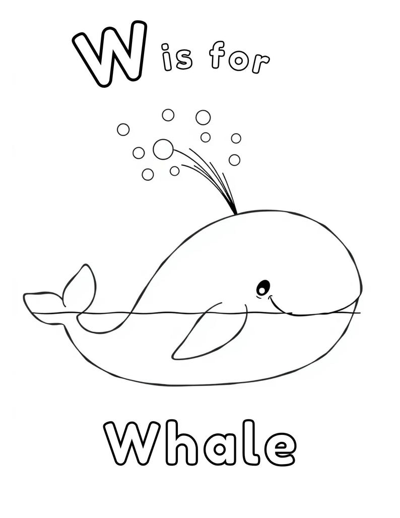 Puede incluir: Ilustraci&oacute;n en blanco y negro de la letra W y la palabra "Ballena". Se muestra una ballena de dibujos animados soplando burbujas en el agua.