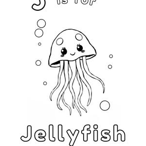 Puede incluir: Ilustraci&oacute;n en blanco y negro de una medusa con la letra J y las palabras "J is for Jellyfish".