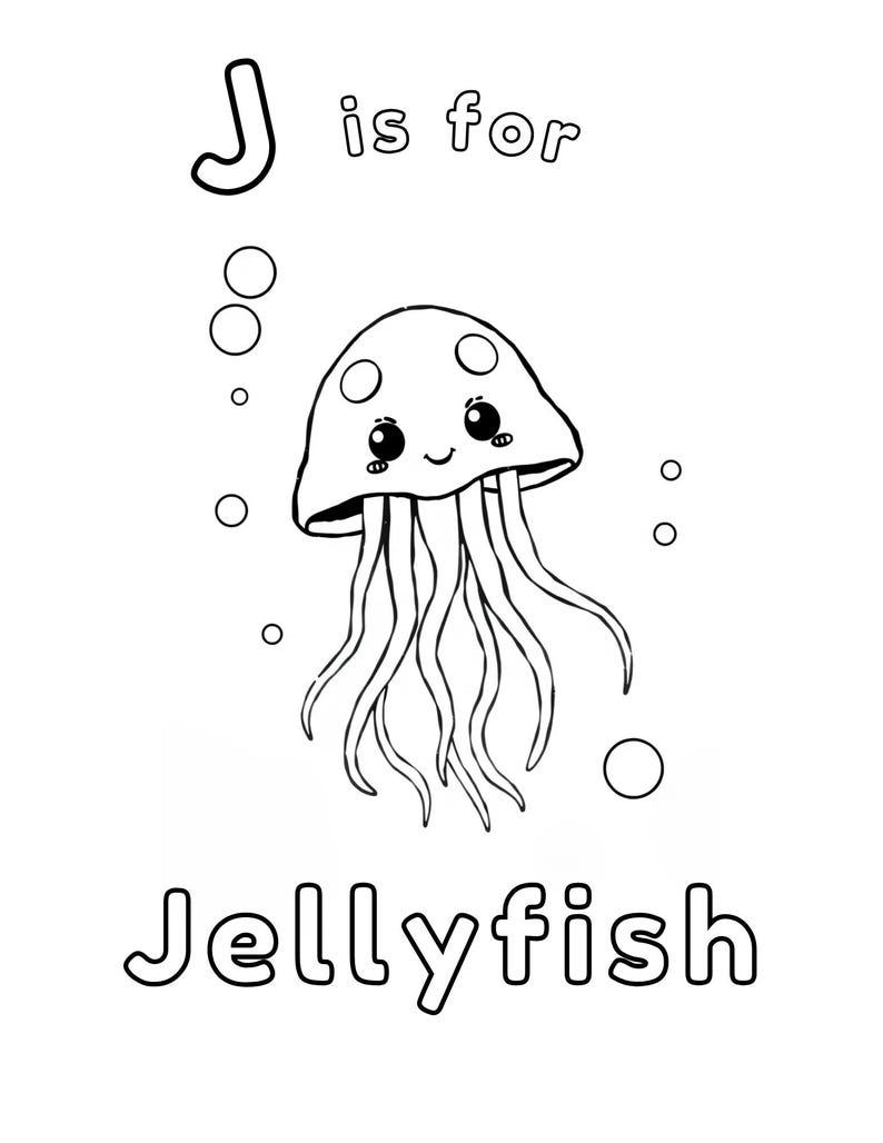 Puede incluir: Ilustraci&oacute;n en blanco y negro de una medusa con la letra J y las palabras "J is for Jellyfish".