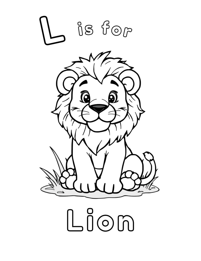 Puede incluir: Ilustraci&oacute;n en blanco y negro de un le&oacute;n sentado en el suelo con hierba. La letra L est&aacute; encima del le&oacute;n y las palabras "is for" est&aacute;n al lado de la letra. La palabra "Le&oacute;n" est&aacute; debajo del le&oacute;n.