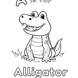 Puede incluir: Una ilustraci&oacute;n en blanco y negro de un caim&aacute;n con la letra A y la palabra "Alligator" debajo. El texto "A is for" est&aacute; encima del caim&aacute;n.