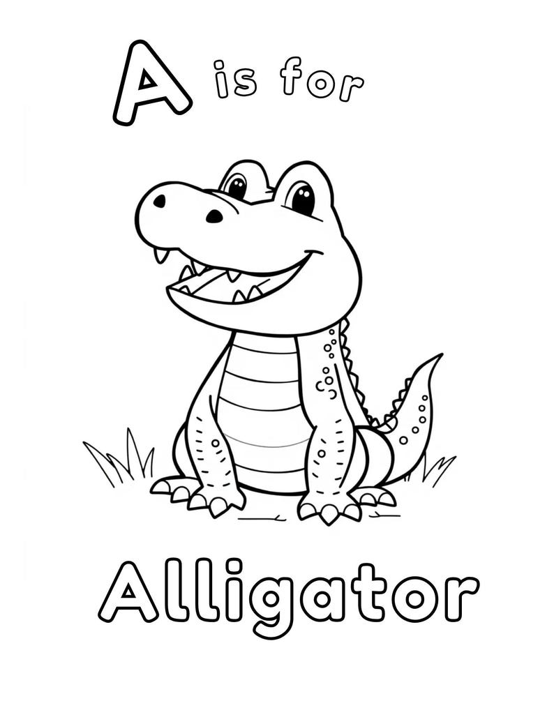 Puede incluir: Una ilustraci&oacute;n en blanco y negro de un caim&aacute;n con la letra A y la palabra "Alligator" debajo. El texto "A is for" est&aacute; encima del caim&aacute;n.