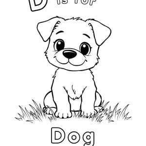 Puede incluir: Ilustraci&oacute;n en blanco y negro de un perro sentado en la hierba. La letra D est&aacute; encima del perro y la palabra "Dog" est&aacute; debajo del perro. El texto "D is for" est&aacute; entre la letra D y el perro.