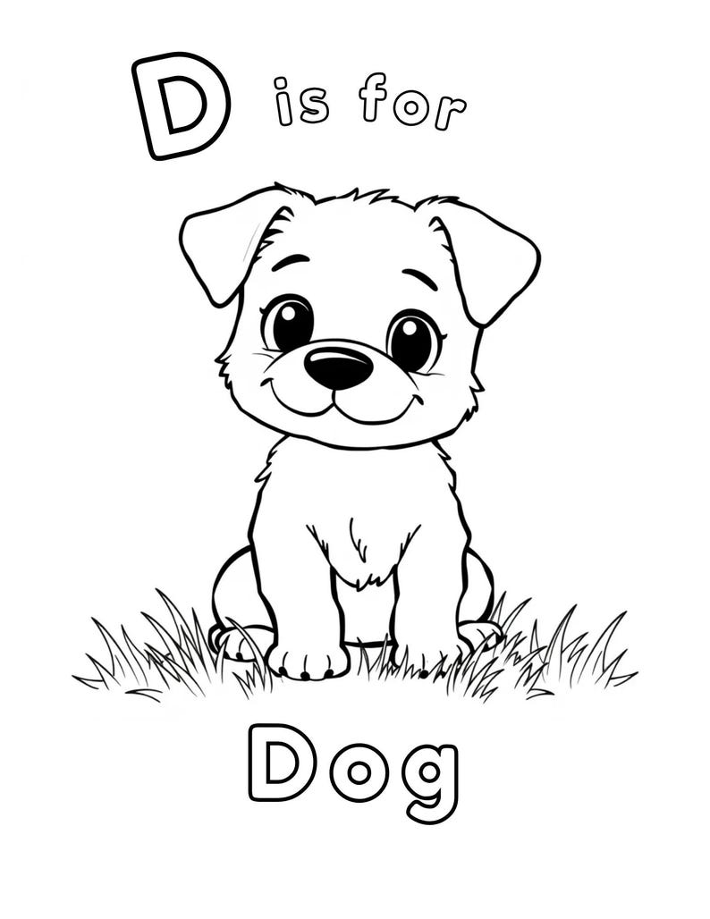 Puede incluir: Ilustraci&oacute;n en blanco y negro de un perro sentado en la hierba. La letra D est&aacute; encima del perro y la palabra "Dog" est&aacute; debajo del perro. El texto "D is for" est&aacute; entre la letra D y el perro.