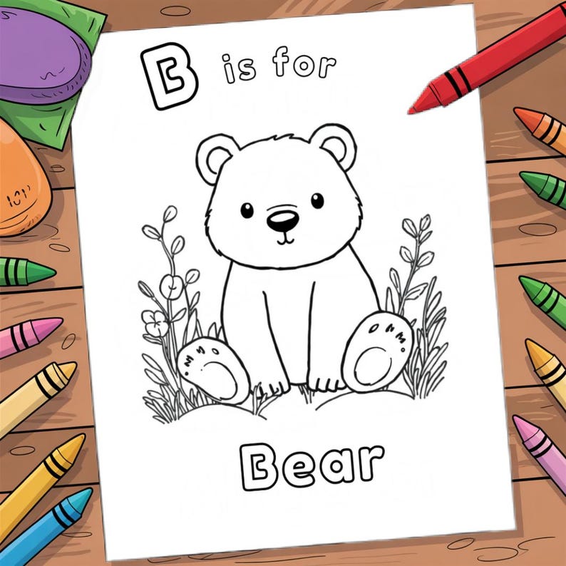 Puede incluir: P&aacute;gina para colorear en blanco y negro con la letra B y un oso sentado en un campo de flores. El texto "B is for Bear" est&aacute; escrito debajo de la imagen.