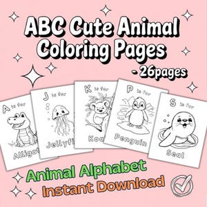Puede incluir: P&aacute;ginas para colorear en blanco y negro con ilustraciones de animales lindos para cada letra del alfabeto. Las p&aacute;ginas incluyen un caim&aacute;n, una medusa, un koala, un ping&uuml;ino y una foca. El texto dice "ABC Cute Animal Coloring Pages - 26 pages" y "Animal Alphabet Instant Download".