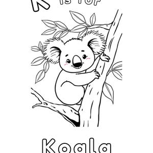 Puede incluir: Ilustraci&oacute;n en blanco y negro de un koala sentado en un &aacute;rbol. La letra K est&aacute; encima del koala y las palabras "is for" est&aacute;n al lado de la letra. La palabra "Koala" est&aacute; debajo del koala.