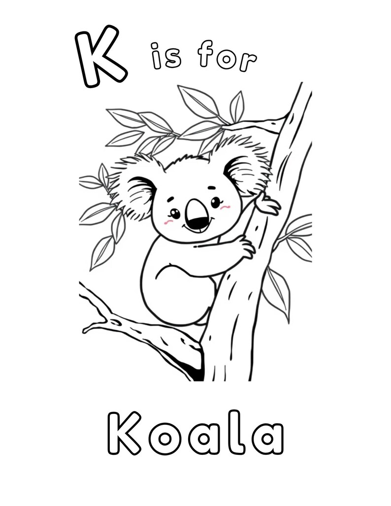 Puede incluir: Ilustraci&oacute;n en blanco y negro de un koala sentado en un &aacute;rbol. La letra K est&aacute; encima del koala y las palabras "is for" est&aacute;n al lado de la letra. La palabra "Koala" est&aacute; debajo del koala.