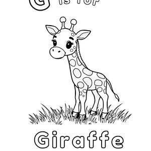 Puede incluir: Ilustraci&oacute;n en blanco y negro de una jirafa con la letra G y la palabra "Jirafa" debajo. El texto "G is for" est&aacute; encima de la jirafa.