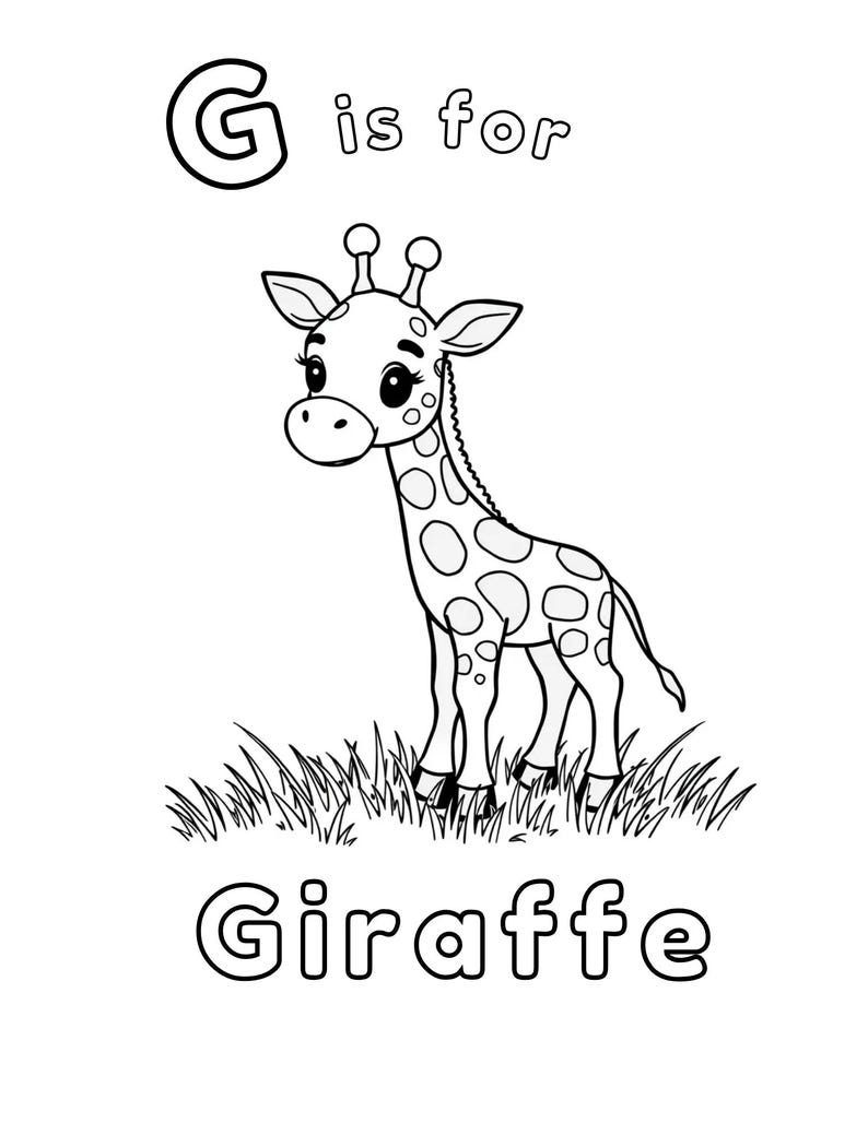 Puede incluir: Ilustraci&oacute;n en blanco y negro de una jirafa con la letra G y la palabra "Jirafa" debajo. El texto "G is for" est&aacute; encima de la jirafa.