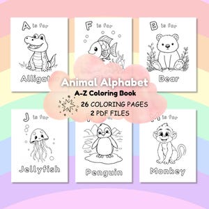 Puede incluir: Un libro para colorear en blanco y negro con un alfabeto de animales. La portada muestra una nube colorida con el texto "Animal Alphabet" y "A-Z Coloring Book". El libro incluye 26 p&aacute;ginas para colorear y 2 archivos PDF.