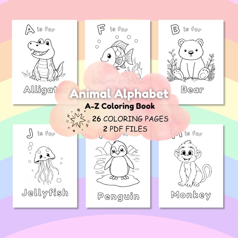 Puede incluir: Un libro para colorear en blanco y negro con un alfabeto de animales. La portada muestra una nube colorida con el texto "Animal Alphabet" y "A-Z Coloring Book". El libro incluye 26 p&aacute;ginas para colorear y 2 archivos PDF.