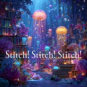以下が含まれることがあります： 本棚、サンゴ、クラゲのあるファンタジー水中のシーン。画像には白い文字で「Stitch! Stitch! Stitch!」が含まれています。シーンは青、紫、ピンクの色合いで照らされ、気まぐれで想像力豊かな雰囲気を作り出しています。