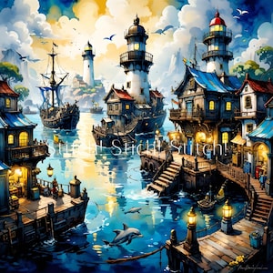Peut inclure: Une peinture aquarelle vibrante d'une ville côtière avec des phares, des navires et des dauphins. L'image présente des bâtiments aux toits bleus, des quais en bois et le texte "Stitch! Stitch!". La scène se déroule sous un ciel coloré.