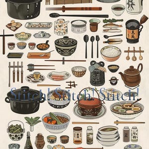 以下が含まれることがあります： さまざまな日本の食品と食器のイラスト。ボウル、鍋、箸、ティーポット、その他の伝統的な食器が含まれています。カラーパレットは落ち着いており、茶色、黒、白がシーンを支配しています。