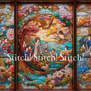 Puede incluir: Panel de vidriera que representa una escena colorida con figuras vestidas con trajes tradicionales, pájaros y elementos florales. El texto "Stitch! Stitch! Stitch!" se muestra. La obra de arte tiene un diseño detallado y ornamentado.