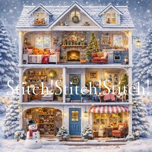 以下が含まれることがあります： 雪景色の中のドールハウスの詳細なイラスト。 多層構造の家はクリスマス用に装飾されており、正面には雪だるまがあります。 テキスト「Stitch！Stitch！Stitch！」が表示されています。