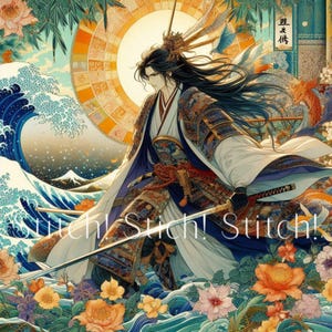 Puede incluir: Ilustración de un guerrero samurái con armadura tradicional, sosteniendo una katana. La obra presenta olas del océano, el Monte Fuji y elementos florales. El texto "Stitch! Stitch!" está superpuesto en la imagen.