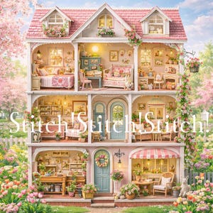 以下が含まれることがあります： ミニチュアの家具と花のアクセントで飾られた複数の部屋がある、詳細なドールハウス。家はピンクの屋根で、花や木のある庭に囲まれています。「Stitch! Stitch! Stitch!」というテキストが表示されています。