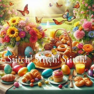 以下が含まれることがあります： 春の祝祭のためにテーブルがセットされた、活気のある屋外のシーン。テーブルにはペストリー、装飾された卵、フラワーアレンジメントが並んでいます。蝶がシーンの周りを飛び回り、「Stitch! Stitch! Stitch!」というテキストが表示されています。