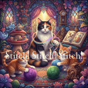 以下が含まれることがあります： カラフルなイラスト。三毛猫と2匹のオレンジ色の仔猫が毛糸玉で遊んでいます。「Stitch! Stitch! Stitch!」の文字が下部にあり、気まぐれなスタイルです。