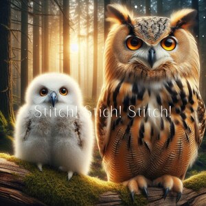 以下が含まれることがあります： 森の中にいる2羽のフクロウのデジタルイラスト。小さな白いフクロウが、鮮やかなオレンジ色の目を持つ大きな茶色のフクロウの隣に座っています。「Stitch! Stitch! Stitch!」というテキストが画像に重ねられています。