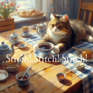 以下が含まれることがあります： 木製のテーブルで、お茶の準備ができています。テーブルには、青と白のチェック柄のテーブルクロス、ティーカップ、ソーサー、ティーポットがあります。画像には「Stitch! Stitch! Stitch!」というテキストがあります。