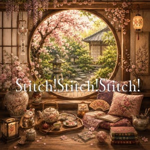 Peut inclure: Une pièce d'inspiration japonaise avec une fenêtre circulaire donnant sur un jardin de cerisiers en fleurs, une théière en céramique, une figurine de chat porte-bonheur, des coussins fleuris et des livres, avec le texte Stitch!Stitch!Stitch! au centre.