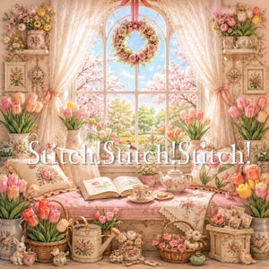 PDF&DIZE [Spring Window] Cross Stitch Pattern | 25ct | 178 Colors | W450×H450