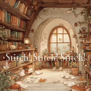 Puede incluir: Ilustración de una acogedora biblioteca con el texto "Stitch! Stitch! Stitch!". Estanterías llenas de libros de varios tamaños y colores bordean las paredes. La habitación tiene una gran ventana arqueada, y papeles y pequeñas figuras de animales están esparcidos por el suelo.