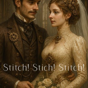 以下が含まれることがあります： スチームパンクのウェディング衣装を着たカップル。男性は歯車のアクセントとゴーグルが付いた茶色のスーツとシルクハットを着用。女性は歯車をテーマにしたヘッドウェアと白いバラのブーケを持ったクリーム色のガウンを着ています。「Stitch! Stitch! Stitch!」というテキスト。