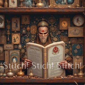 以下が含まれることがあります： 「Stitch! Stich! Stitch!」のテキストが下部に表示された、大きな開いた本を読んでいる人物の装飾的な画像。背景には、アンティークボトル、額入りの写真、装飾品が並ぶ棚があり、ヴィンテージな美学を作り出しています。