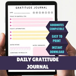 May include: A digital planner template for a daily gratitude journal. The template includes sections for noting what you are grateful for, affirmations, water intake, notes, and something you are proud of. The template is compatible with Goodnotes and is available for instant download.