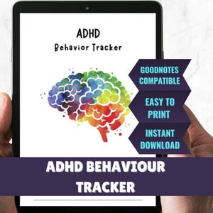 Könnte beinhalten: Ein digitales Tablet zeigt einen druckbaren ADHD-Verhaltens-Tracker an. Der Tracker zeigt eine farbenfrohe Gehirnabbildung und den Text "ADHD-Verhaltens-Tracker" in Fettdruck. Der Text "GoodNotes kompatibel", "Einfach zu drucken" und "Sofortiger Download" ist ebenfalls auf dem Bildschirm zu sehen.