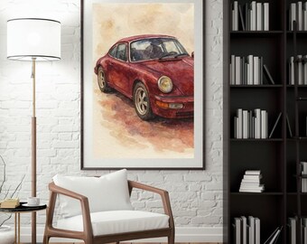 Puede incluir: Pintura acuarela de un coche rojo Porsche 911. El coche está pintado en un estilo realista con detalles como los faros, las ruedas y las líneas de la carrocería.