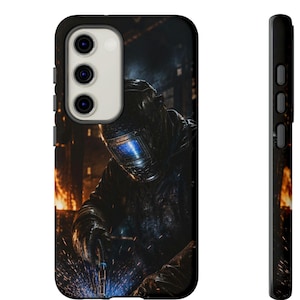 May include: A black phone case featuring a welder in action, with sparks and flames illuminating the scene. The welder is wearing a protective helmet with a blue visor. The case has a glossy finish and a camera cutout.