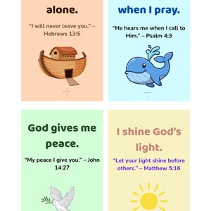 Tarjetas de afirmaciones cristianas para niños con glosario / 24 tarjetas imprimibles con versículos bíblicos para la ansiedad, la confianza y el amor de Dios / Tarjetas para la lonchera