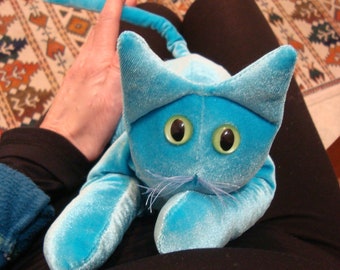 Aqua  turquoise Velvet Cat, posable and floppy. Collectible fun for cat lover.