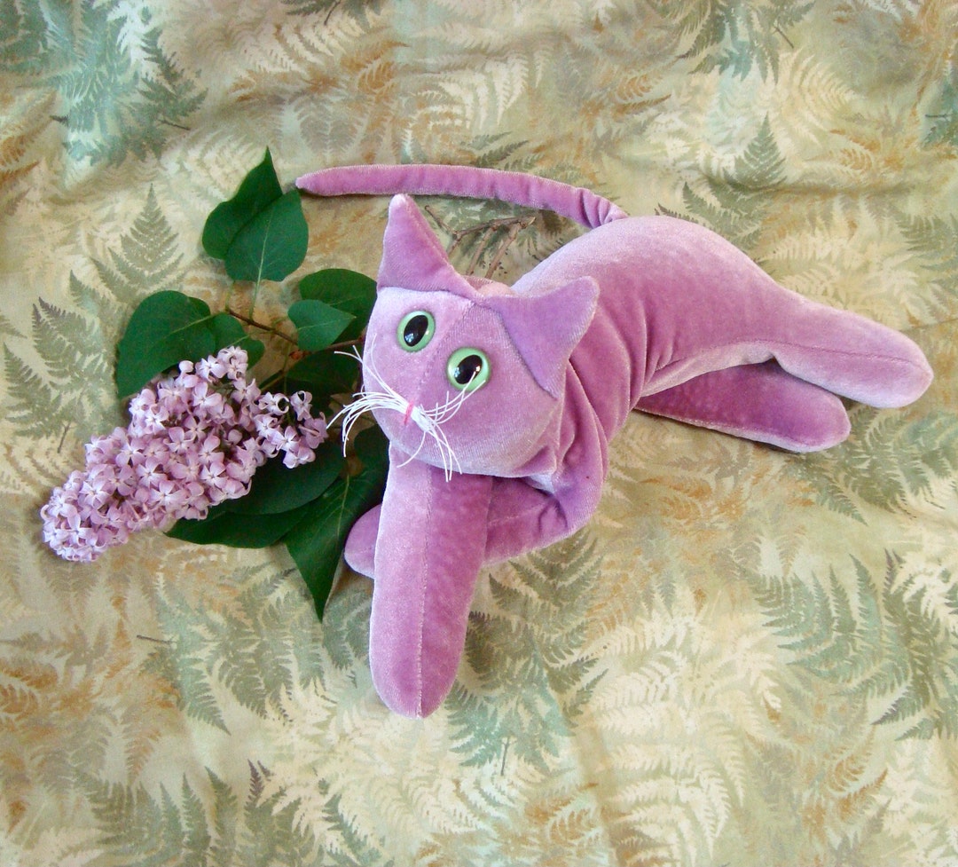 Lilac Velvet Posable Cat, Violet Mauve Stuffed Cat, Gift for Cat Lover