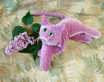 Lilac velvet posable Cat, violet mauve stuffed cat, gift for cat lover