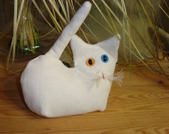 White kitten,  Pearl June Bday, odd eyes cat, Heterochromia, lavender stuffed kitten,  shelf sitter,