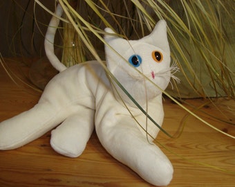 Collectible velvet cat, gift for June Bday, Pearl white, stuffed cat, white velvet , lightly weighted, posable cat, keepsake cat